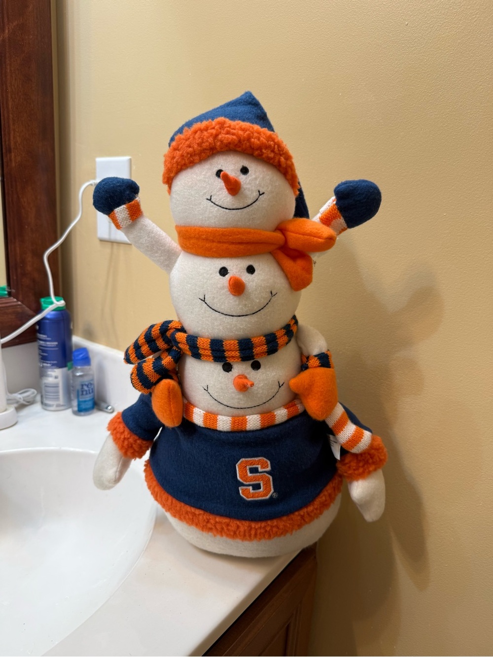 Triple Snowman Holiday Plush Decor in Navy and Orange